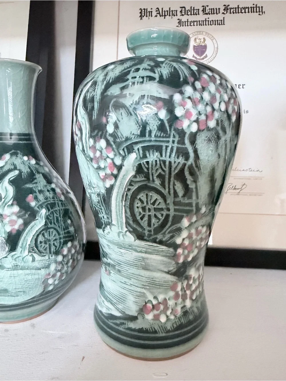 Vintage Korean Haegwang Celadon Sanggam Vase Pair w/ Certificate
